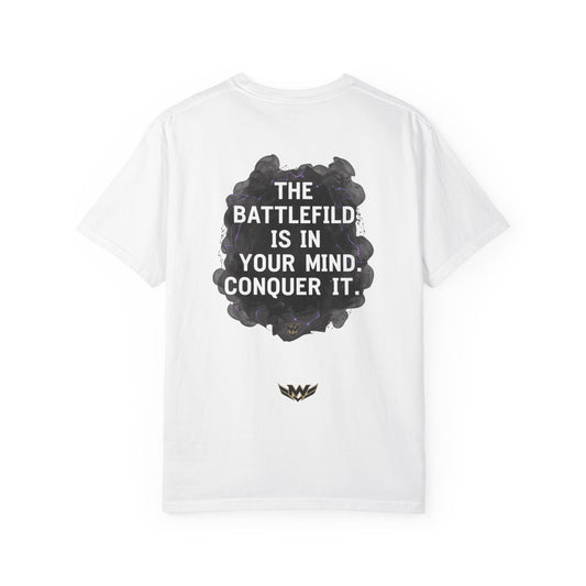 Mental Warfare T-Shirt — Lion Graphic with “The Battlefield Is In Your Mind. Conquer It.” Back