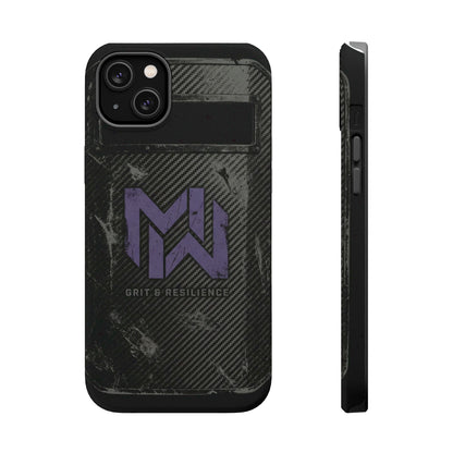 Black phone case with purple logo and text on a white background