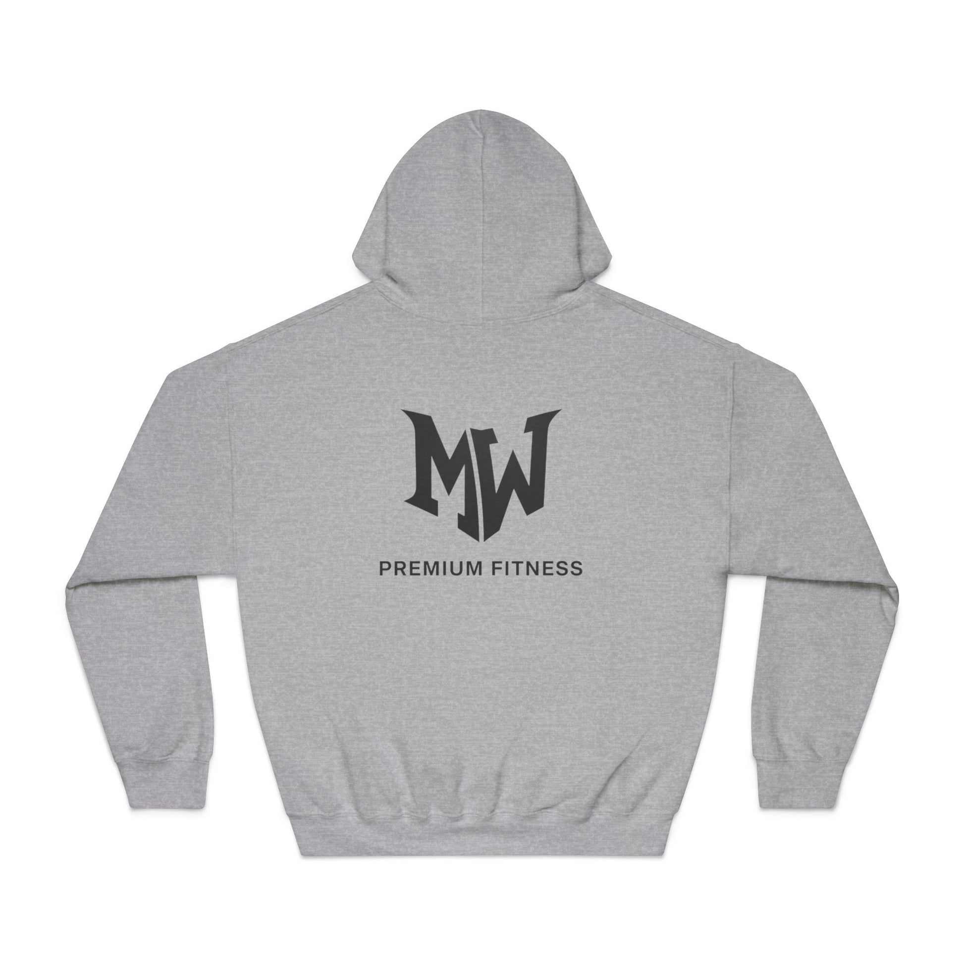 Gray hoodie with 'MW Premium Fitness' logo on a white background