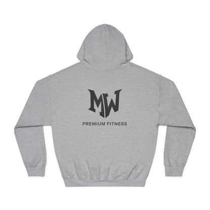 Gray hoodie with 'MW Premium Fitness' logo on a white background