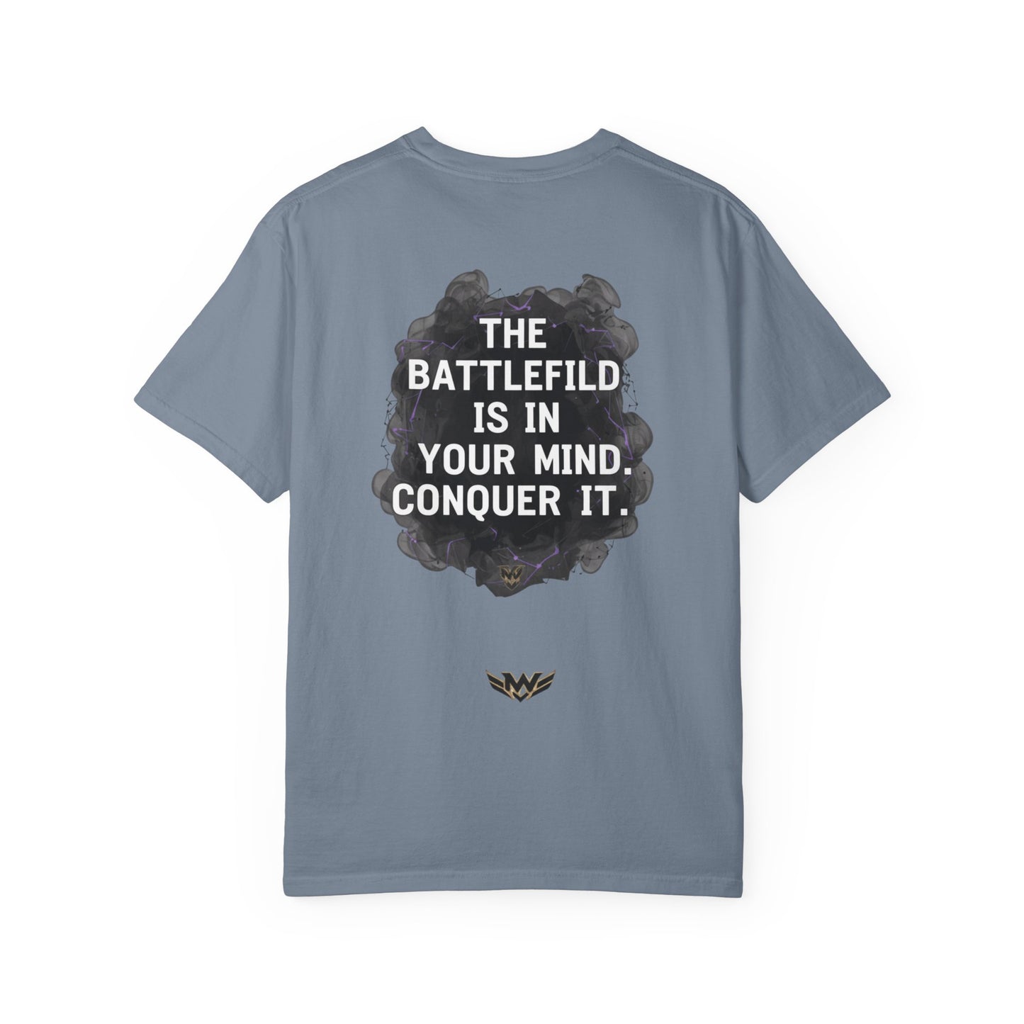 Mental Warfare T-Shirt — Lion Graphic with “The Battlefield Is In Your Mind. Conquer It.” Back