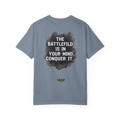 Mental Warfare T-Shirt — Lion Graphic with “The Battlefield Is In Your Mind. Conquer It.” Back
