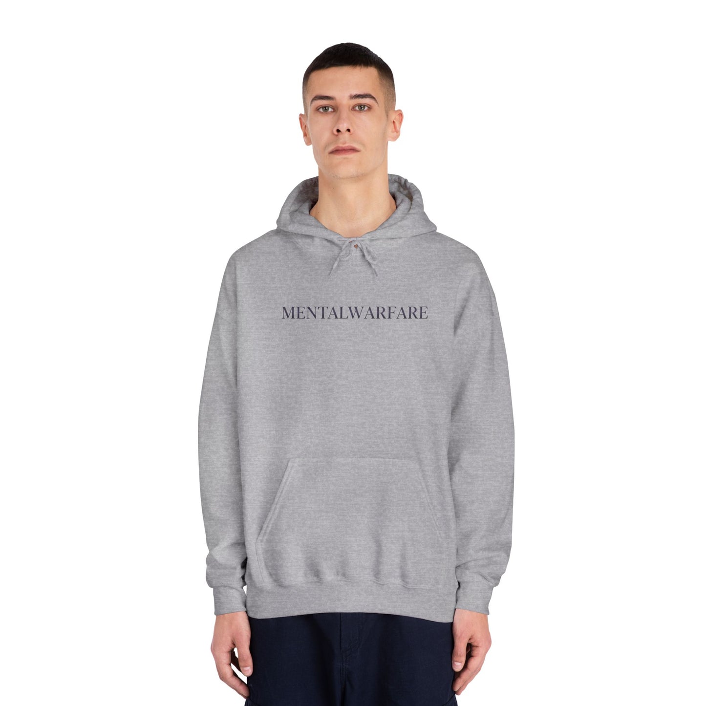 Person wearing a gray hoodie with a graphic design on a white background