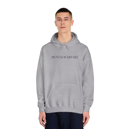Person wearing a gray hoodie with a graphic design on a white background