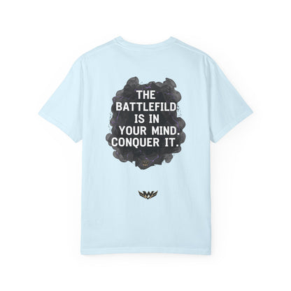 Mental Warfare T-Shirt — Lion Graphic with “The Battlefield Is In Your Mind. Conquer It.” Back