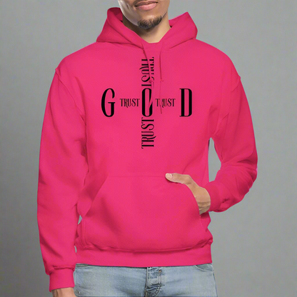 Person wearing a bright pink hoodie with text design on a gray background
