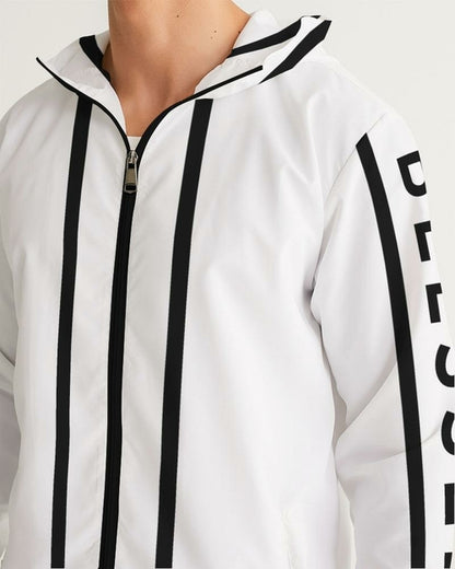 White hoodie with black stripes and 'DELUXE' branding on a white background