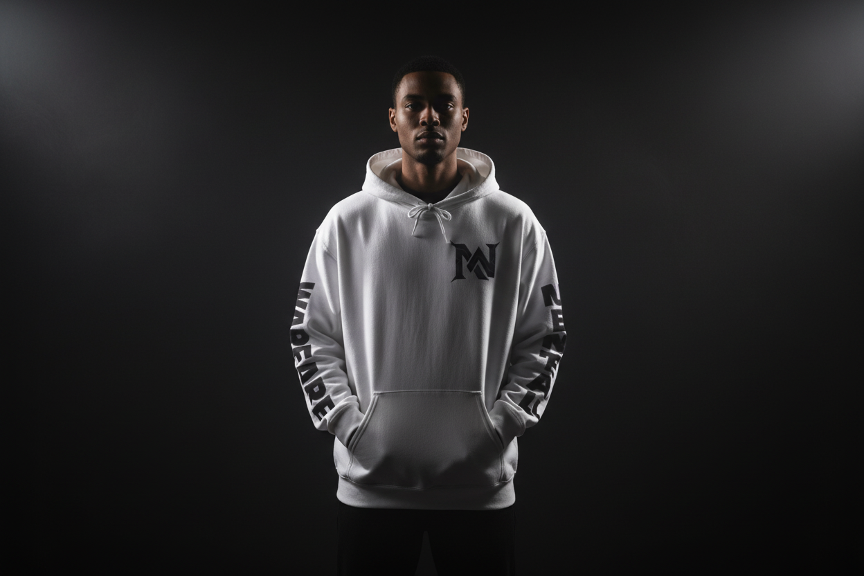 Person wearing a white hoodie with branding on a black background