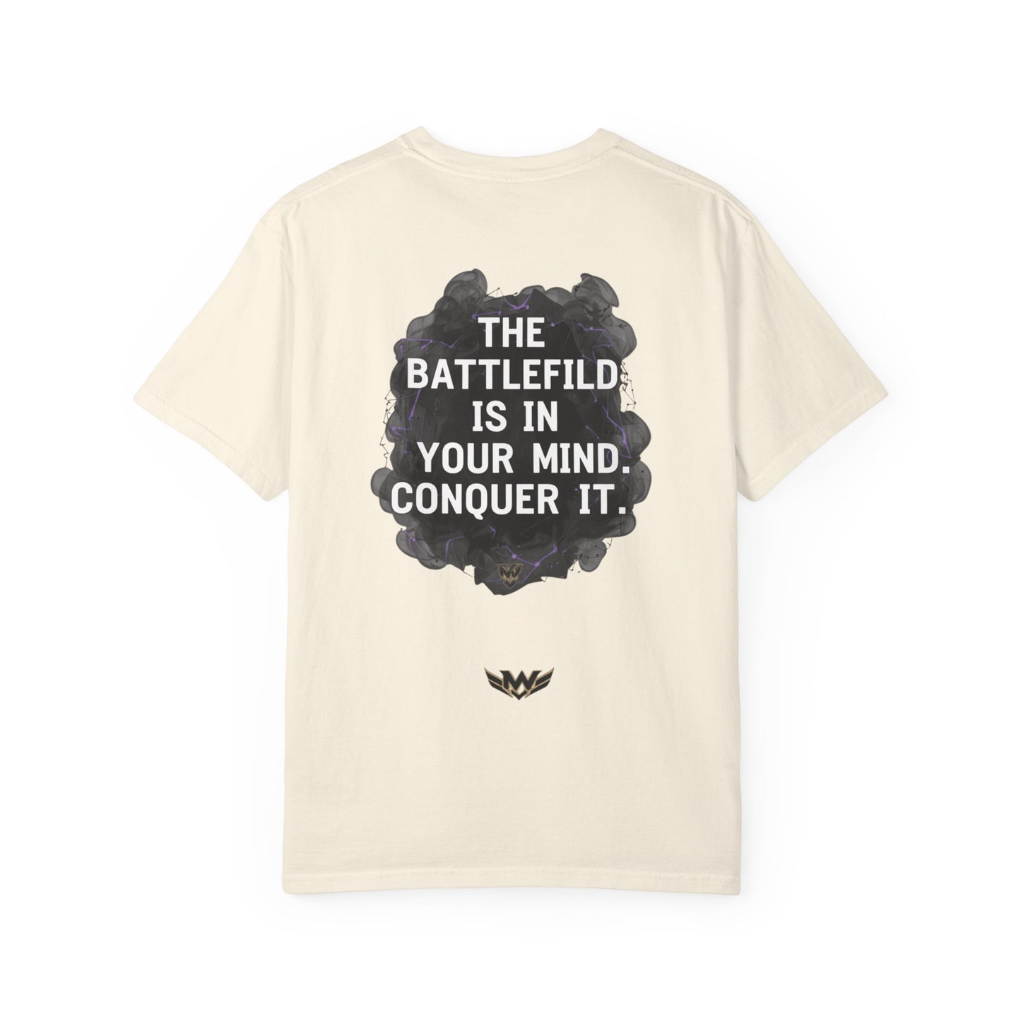 Mental Warfare T-Shirt — Lion Graphic with “The Battlefield Is In Your Mind. Conquer It.” Back