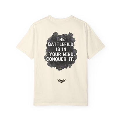 Mental Warfare T-Shirt — Lion Graphic with “The Battlefield Is In Your Mind. Conquer It.” Back
