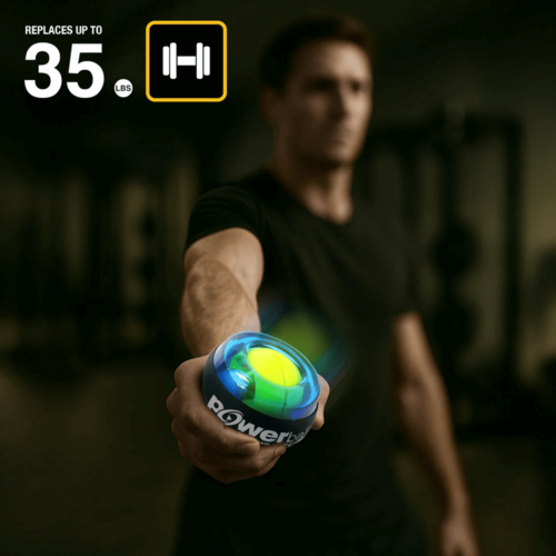 Person holding a colorful weighted ball with 'PowerLabs' branding, set against a dark background.