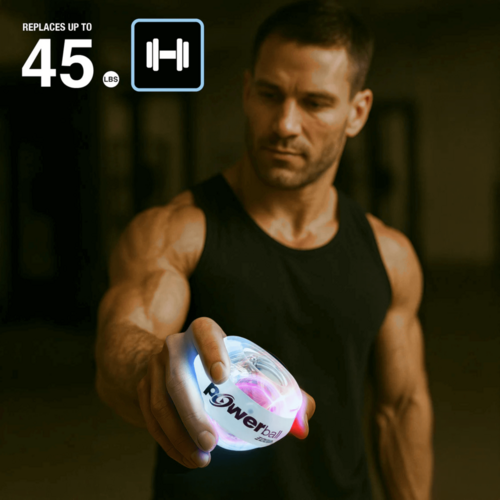 Man holding a Powerball with text indicating weight replacement capability.