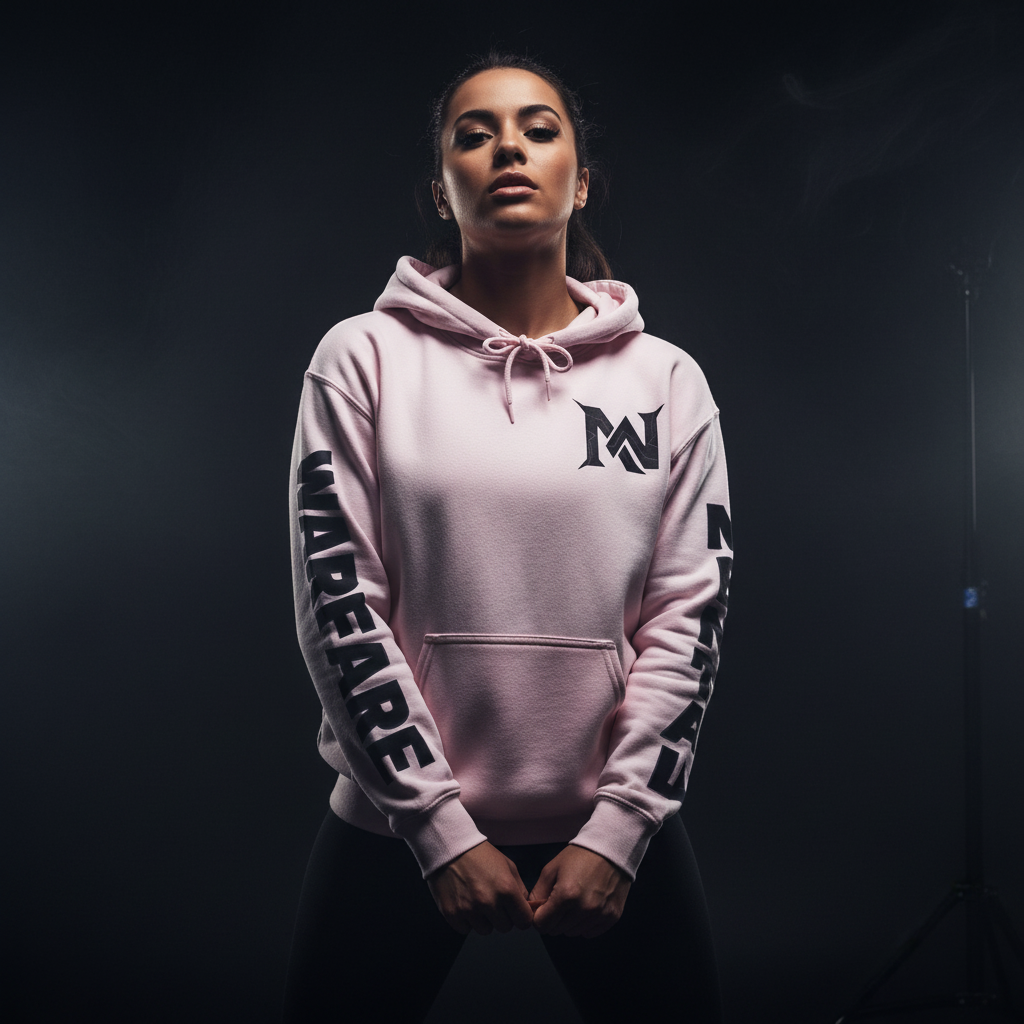 Person wearing a pink hoodie with branding on a dark background