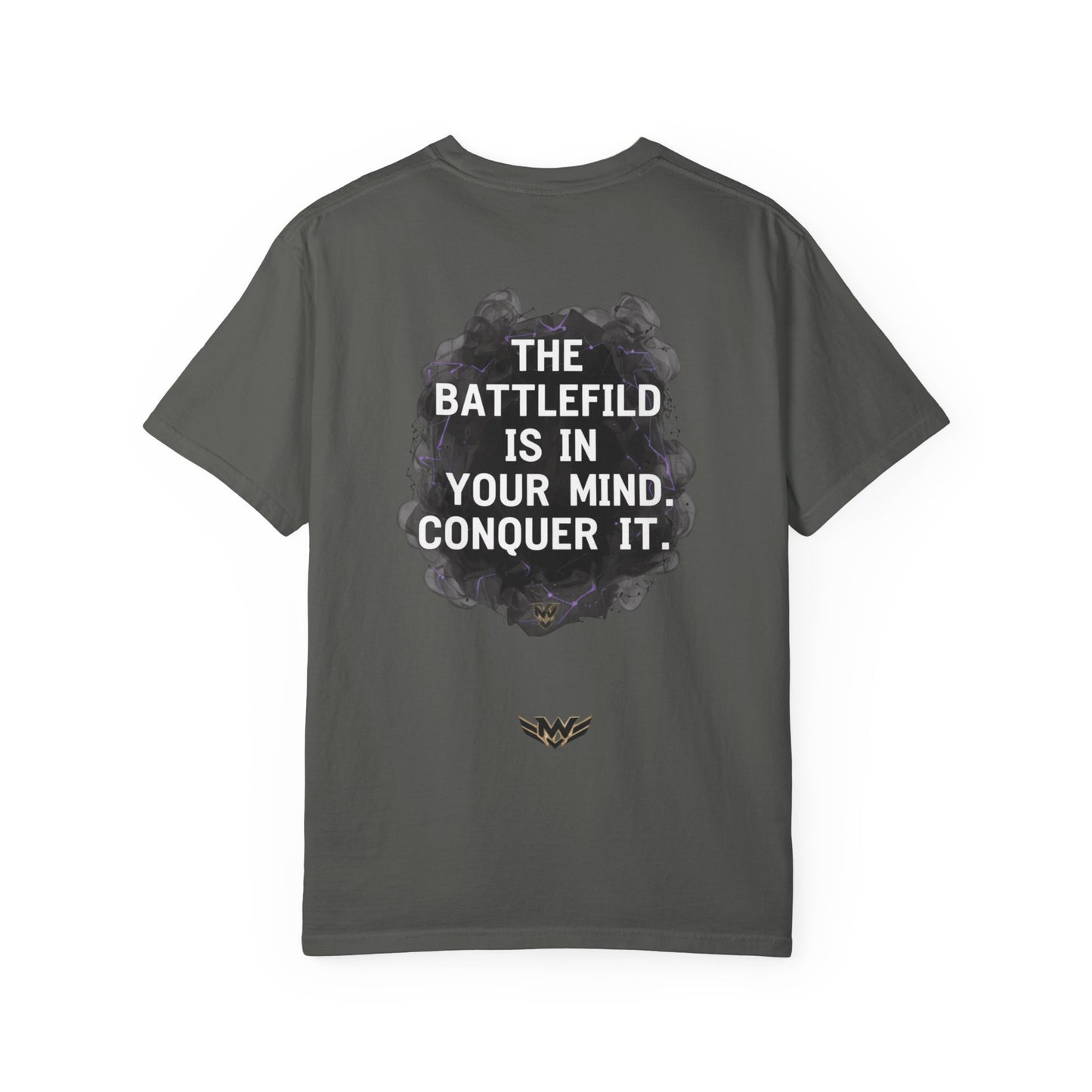 Mental Warfare T-Shirt — Lion Graphic with “The Battlefield Is In Your Mind. Conquer It.” Back