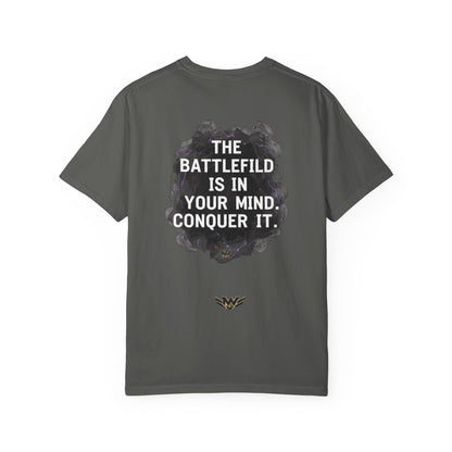 Mental Warfare T-Shirt — Lion Graphic with “The Battlefield Is In Your Mind. Conquer It.” Back