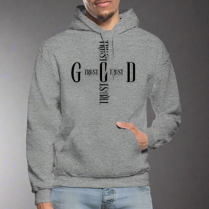 Gray hoodie with text design worn by a person on a gray background