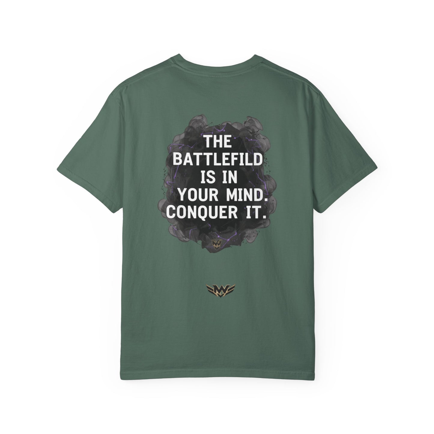 Mental Warfare T-Shirt — Lion Graphic with “The Battlefield Is In Your Mind. Conquer It.” Back