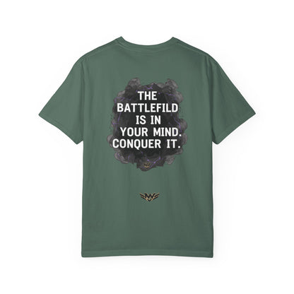Mental Warfare T-Shirt — Lion Graphic with “The Battlefield Is In Your Mind. Conquer It.” Back
