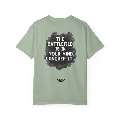 Mental Warfare T-Shirt — Lion Graphic with “The Battlefield Is In Your Mind. Conquer It.” Back