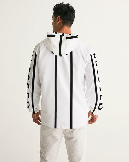 Person wearing a white jacket with black stripes and text on a plain background