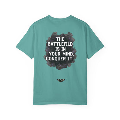 Mental Warfare T-Shirt — Lion Graphic with “The Battlefield Is In Your Mind. Conquer It.” Back