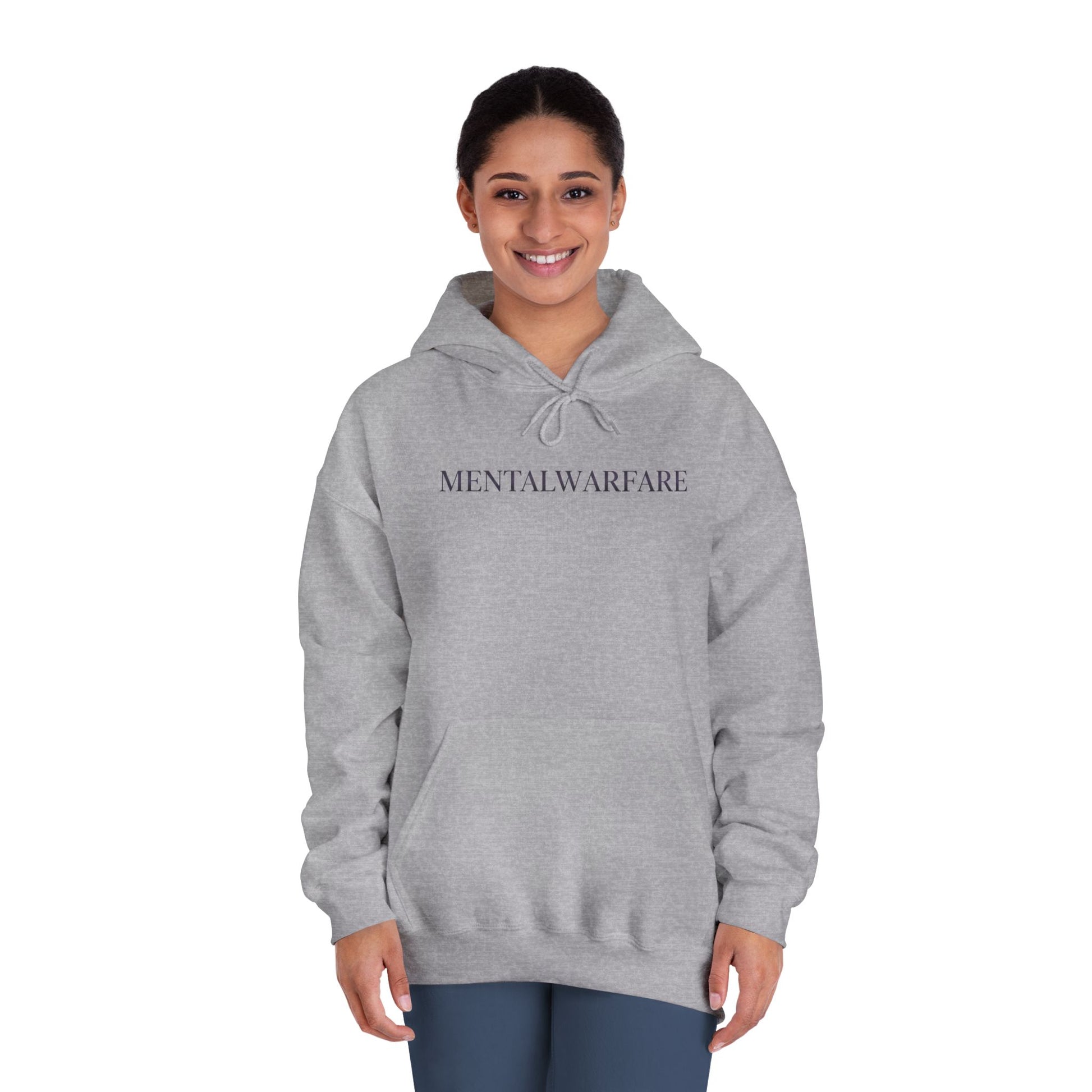 Person wearing a gray hoodie with a logo on a white background