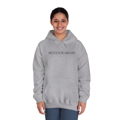 Person wearing a gray hoodie with a logo on a white background