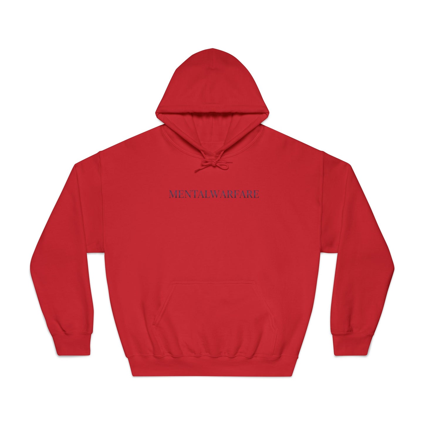 Red hoodie with 'Mental Warfare' text on a white background