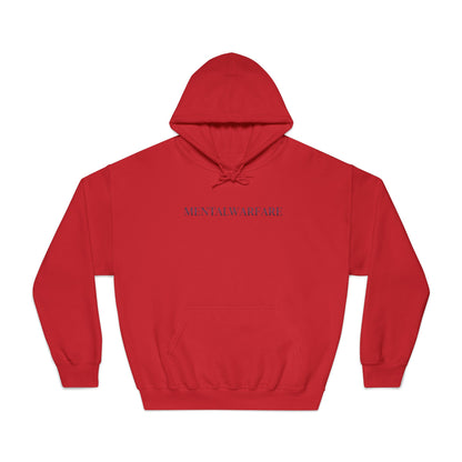 Red hoodie with 'Mental Warfare' text on a white background