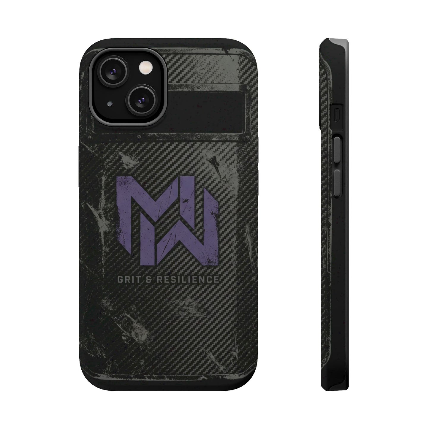 Black phone case with a logo and text on a white background