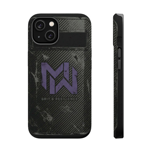 Black phone case with a logo and text on a white background