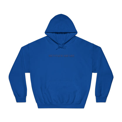 Blue hoodie with text on a white background