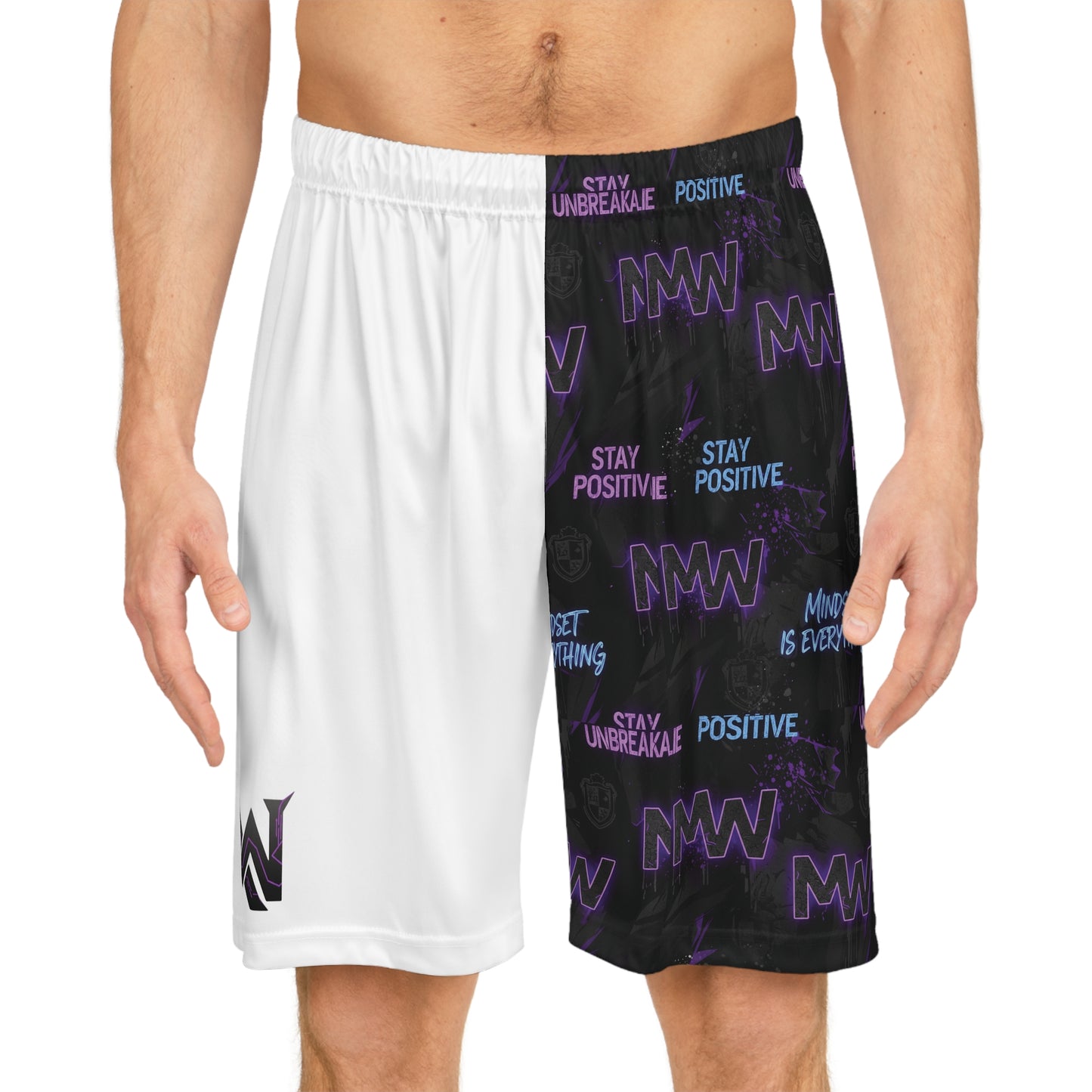 Motivational Split-Design Basketball Shorts â€” 'Stay Positive' AOP