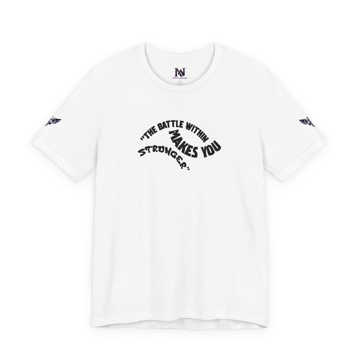 White t-shirt with black text and graphics on a white background
