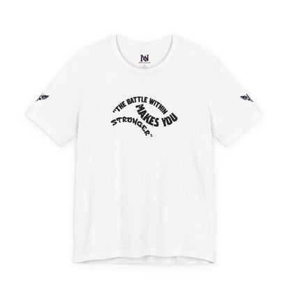 White t-shirt with black text and graphics on a white background