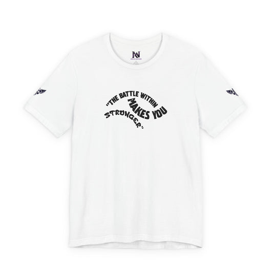 White t-shirt with black text and graphics on a white background