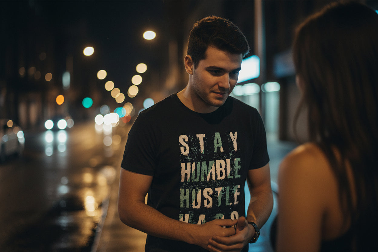 Black t-shirt with 'Stay Humble Hustle Hard' text design with an urab, dark background approaching a woman.