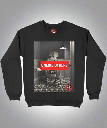 Black sweatshirt with graphic design and text 'UNLIKE OTHERS' on a gray background