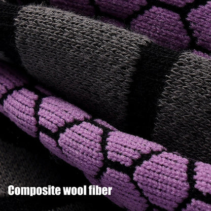 Close-up of composite wool fiber with purple and gray pattern