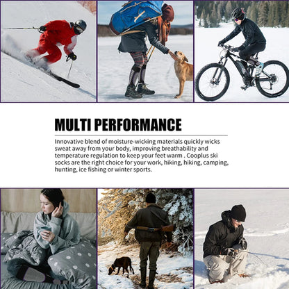 Collage of people in various outdoor activities with text about Cooprs ski socks' multi-performance features.