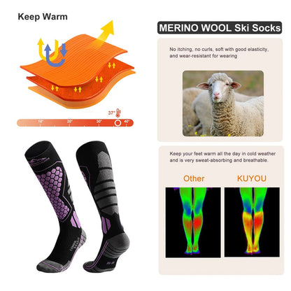 Merino wool ski socks with thermal illustration, sheep image, and color temperature graph.