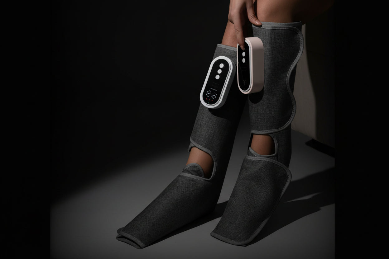 Gray leg massager with digital display on a dark studio background