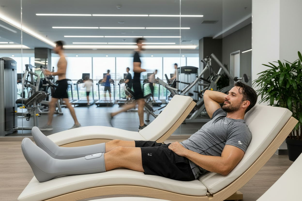 Gray leg massager with digital display on a male subject in the spa section of a gym with people working out in the background.
