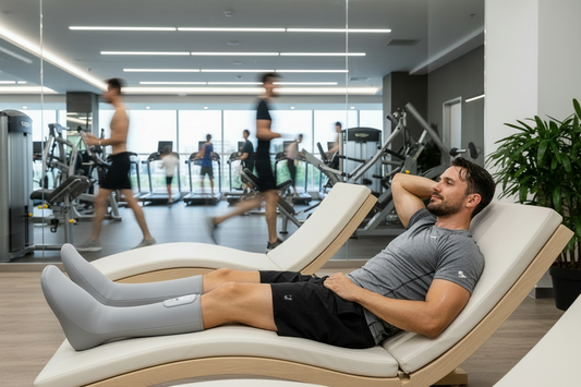 Gray leg massager with digital display on a male subject in the spa section of a gym with people working out in the background.