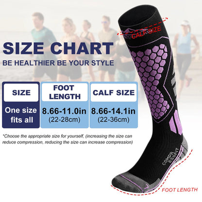 Compression sock with size chart and people running in the background