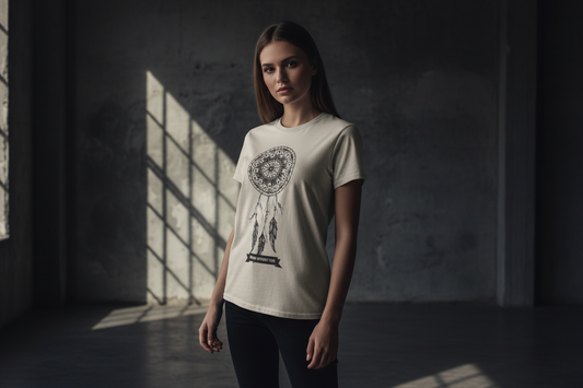 Gray t-shirt with a black dreamcatcher design on a beautiful female in a studio setting