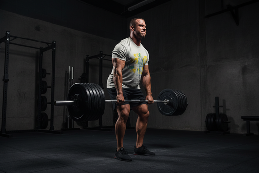 Gray t-shirt with a graphic of a person lifting weights in a dark, isolated gym setting in background.