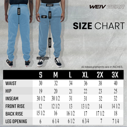 Size chart for blue pants with measurements on a gray background, featuring the brand 'WEIV GEAR'.