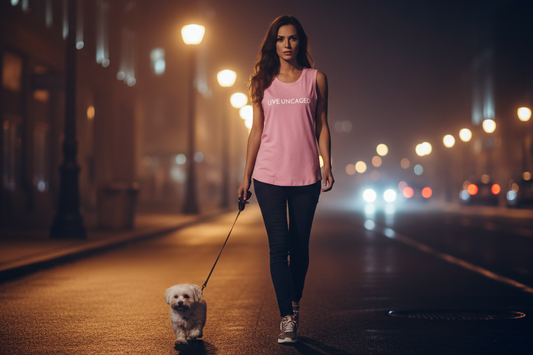 Pink sleeveless shirt with 'LIVE UNCAGED' text on a hanger against a light blue background