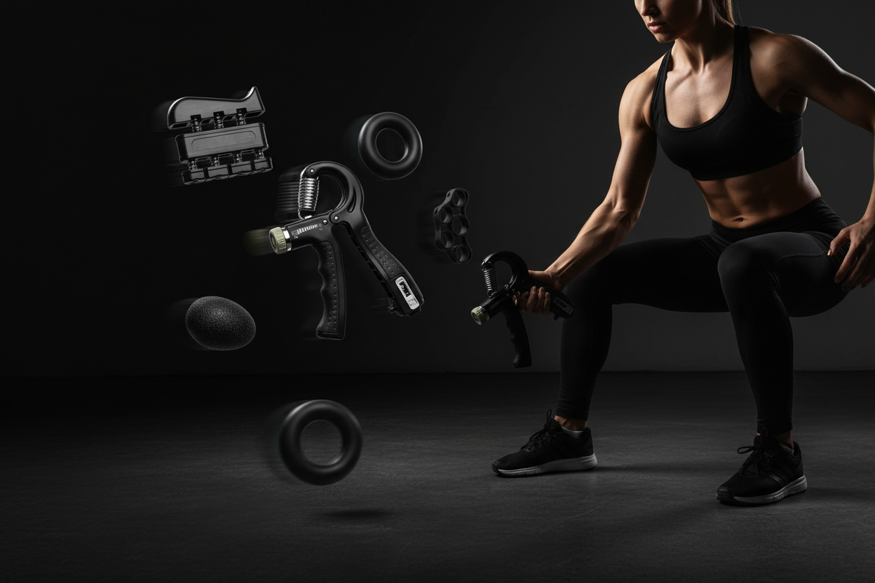 Collection of black hand and finger exercisers in a studio background with a female athlete using the grip exerciser.